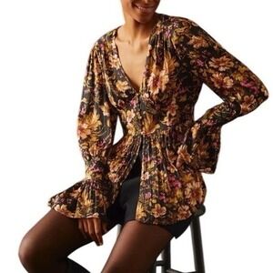 Anthropologie Floral Peplum Blouse PL Deep V neck tunic dark romance fairy *
